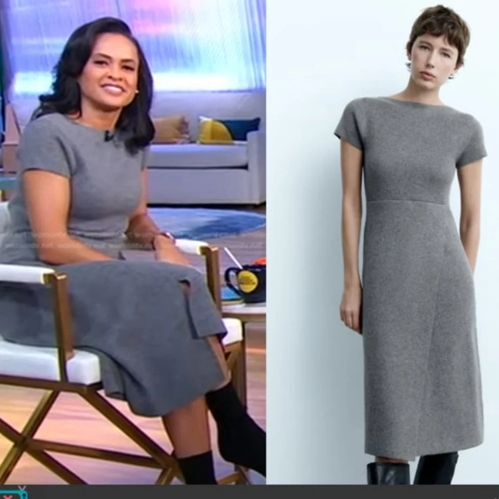 Zara Gray Knit Midi Dress Wool Blend Short Sleeve Minimalist Size S EUC